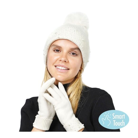 Tigerstars Ivory Pearly Pom Pom Beanie Hat Gloves Set - Picture 1 of 2